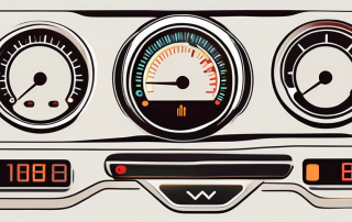 A car dashboard with various symbols like the fuel gauge