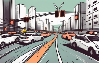 A chaotic city intersection with multiple cars