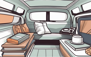 A car interior filled with various items such as books