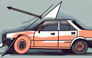 A damaged car with a downward arrow symbol to represent the concept of demotion after an accident