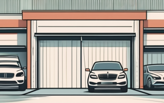 A car in the center with multiple garage doors in the background