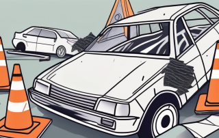 A crashed car with a visible insurance policy document in the foreground and safety cones around the accident scene