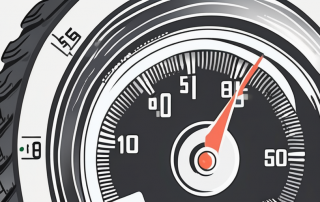 A close-up view of a car tire with a depth gauge inserted in the tread