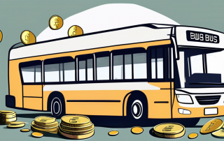 A bus parked near a driving school with various euro notes and coins scattered around it
