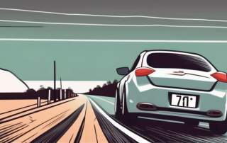 A car speeding on a rural road with a speed limit sign indicating 50 km/h