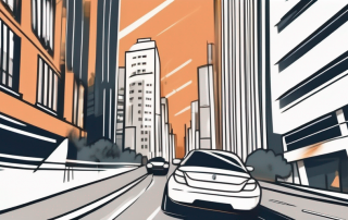 A car speeding through a city street with blurred buildings and traffic signs in the background