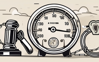 A speedometer needle pushing past the limit with various symbolic punishments such as a gavel
