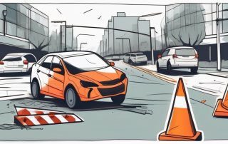 A crumpled car at a crossroads with a broken traffic light