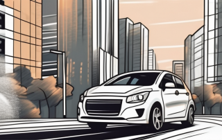 A small car with minor dents and scratches in a city background