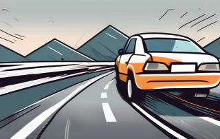 A car speeding on a highway with warning signs and symbols indicating the dangers of speeding
