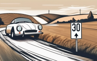 A car speeding on a rural road with a speed limit sign showing 30 km/h