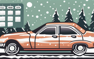 A car with a seasonal license plate parked with a calendar in the background showing different seasons