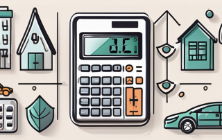 A calculator surrounded by various insurance symbols like a shield
