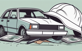 A damaged car with insurance policy papers and a safety helmet on the hood