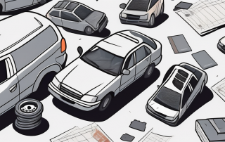 A car accident scene with scattered vehicle parts