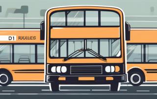 A d1 category bus on a road with various traffic signs and symbols