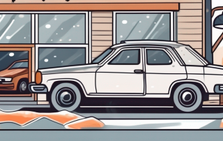 A car with seasonal license plates parked outside of a repair shop during off-season
