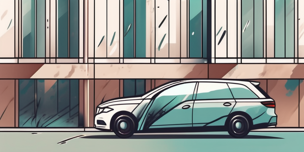 A company car with visible damage parked in front of a corporate building