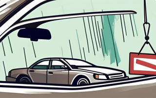 A crashed car with a discount tag hanging off the rear-view mirror