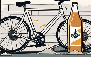 A bicycle leaning against a street sign with a spilled beer bottle on the ground nearby