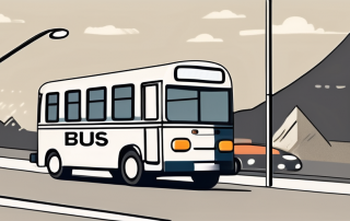 A bus on a road with various traffic signs and a driving school sign