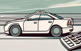 A speeding car on the autobahn with a calculator and a traffic ticket in the background