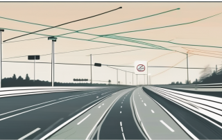 A german autobahn with various distance markers and a car using a radar system for measuring the distance to the car in front of it