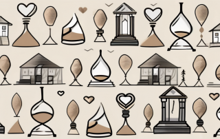 A large sand hourglass with various symbols like a house