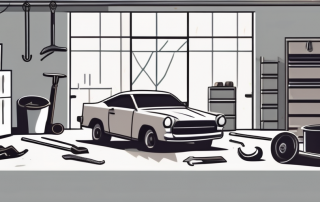 A car in a garage with tools scattered around