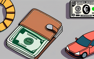 A wallet with euro bills and coins next to a car key