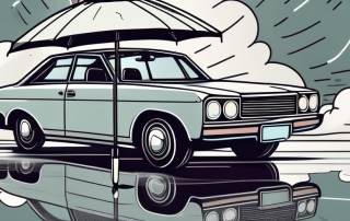 A car with visible hail damage parked under a stormy sky