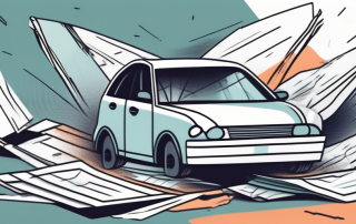 A car with visible damages such as a broken windshield and dented doors