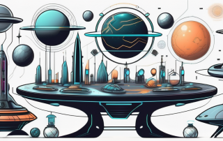 A futuristic table filled with various sci-fi elements like spaceships