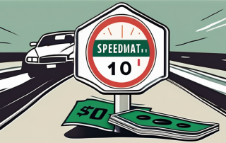 A speedometer needle pushing past the limit on a road sign