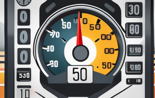 A car speedometer showing a speed of 50 in a zone marked with a sign indicating a speed limit of 30