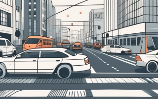 A city street scene with various types of vehicles maintaining safe distances from each other