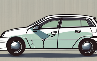 A small car with minor damages such as a dented bumper and a broken side mirror