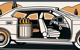 A car parked near a beer garden with several beer bottles inside the car