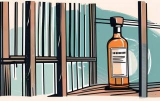 A driver's license behind bars with a bottle of alcohol on the other side