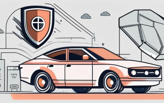 A car with different parts highlighted and a shield symbol hovering over it