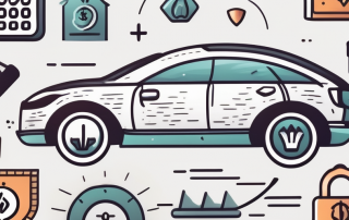 A car with various insurance-related icons like a shield