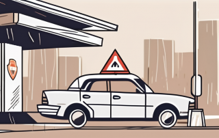 A car with visible scratches parked near a signpost showing insurance company symbols