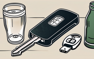 A car key next to a beer bottle and a breathalyzer on a table