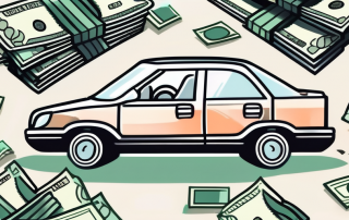 A car with insurance documents and money symbols surrounding it