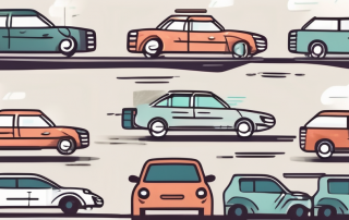 A variety of cars parked in front of a rental agency with different types of insurance shields hovering over them