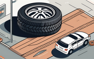 A car tire with a visible tread pattern