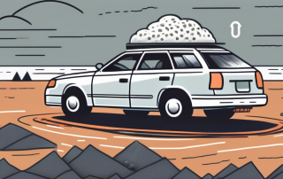 A car with visible hail damage parked under a stormy sky