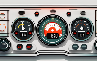 A car dashboard with various control lights illuminated