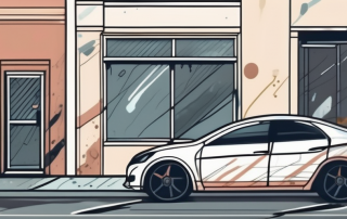 A car parked on a dimly lit street with visible signs of vandalism such as a broken window and scratches on the paintwork