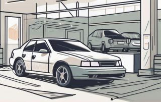 A car in a professional workshop with visible insurance policy papers nearby